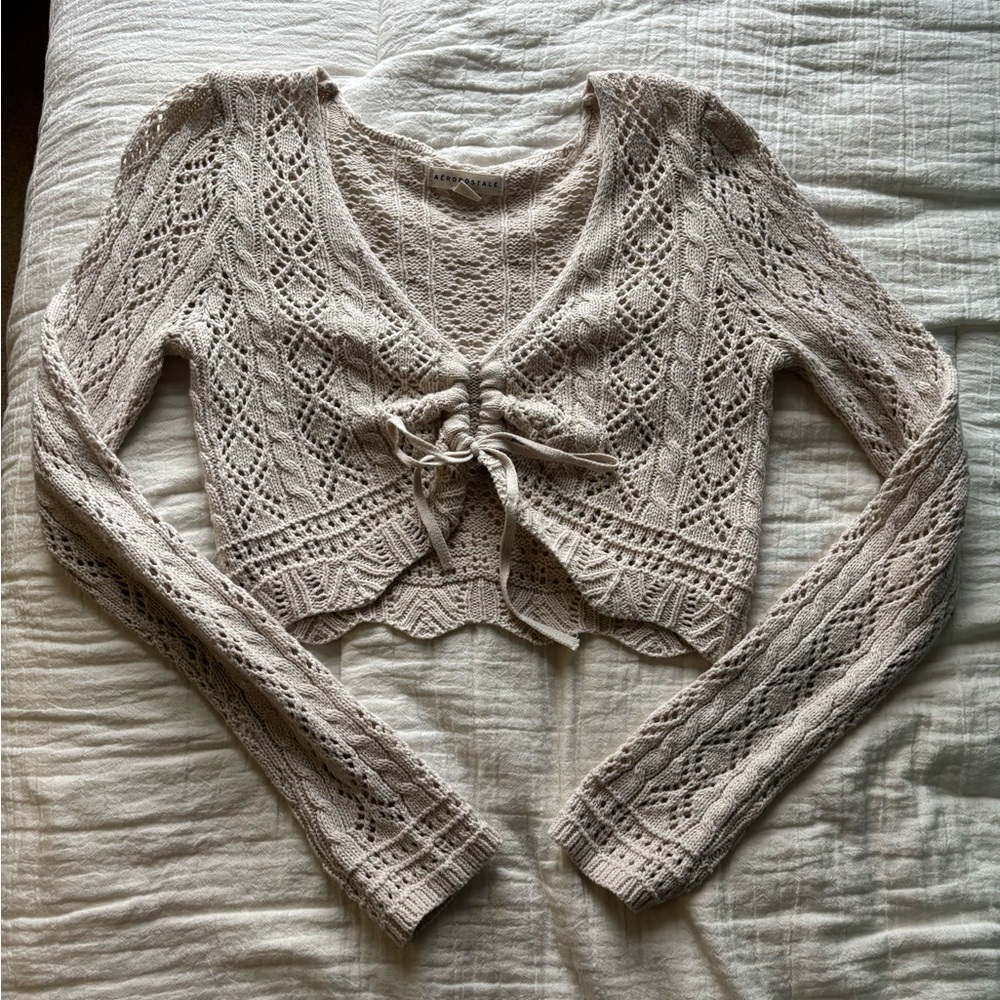 Aeropostale Lace Knit V-Neck Sweater - Cream